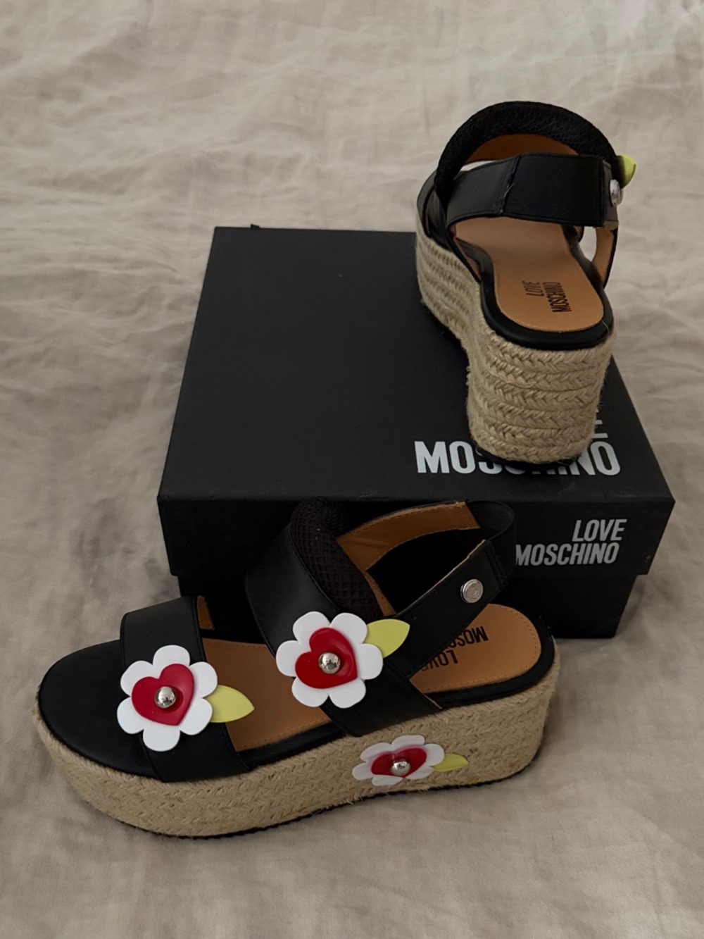 Moschino Black Espadrille Platform Sandals with Floral Accents